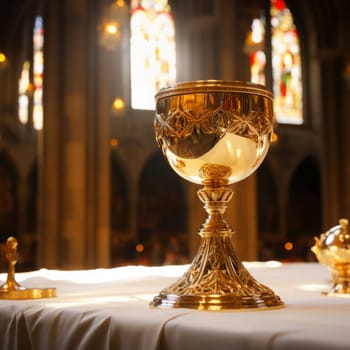 Golden Holy Chalice with customizable space for text or prayers.