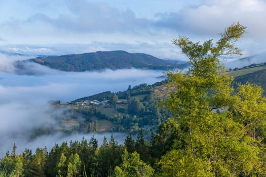 View of Galicia mountain landscape at the sunrise along the way of St. James. Lugo