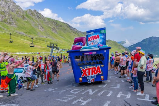 Col du Tourmalet, France - July 06 2023: Caravan car at the top of the Col du Tourmalet in Pyerenees mountains during the stage 6 of Le Tour de France 2023