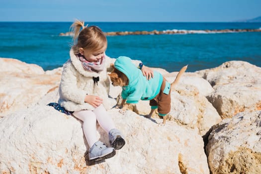Little girl with chihuahua dog, outdoor summer.