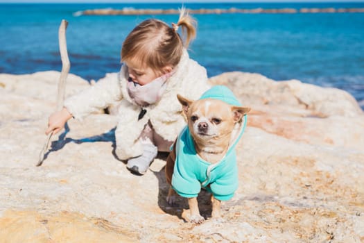 Little girl with chihuahua dog, outdoor summer.
