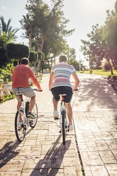 Back view of handsome guy riding bicycle in the park.