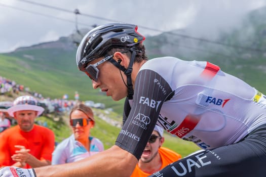 Col du Tourmalet, France - July 06 2023: Marc Soler climbig the road to Col du Tourmalet in Pyerenees mountains during the stage 6 of Le Tour de France 2023.