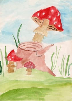 colored childish drawing. Artwork drawn by watercolors. Drawing of child. Children drawing with funny fly agarics in the forest. Fly agaric mushrooms on stump in forest drawn by children
