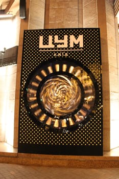 Entrance to central department store of city of Kyiv. Supermarket in capital. Exterior at the entrance to central store of city. Decorative sign