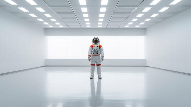 An astronaut standing in empty very modern and minimalistic white clean room. Empty modern bright office with spaceman. AI generated