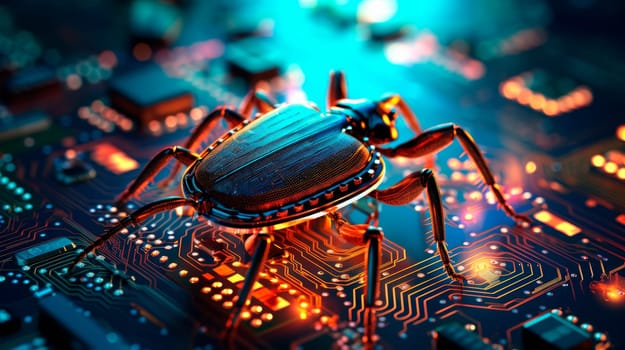 Bug on a computer chip, software security concept. Errors in the program. Bugs in the program. AI generated