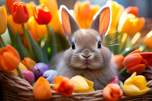 A cute Easter Bunny sitting in a basket with colored tulips. Easter card. AI generated