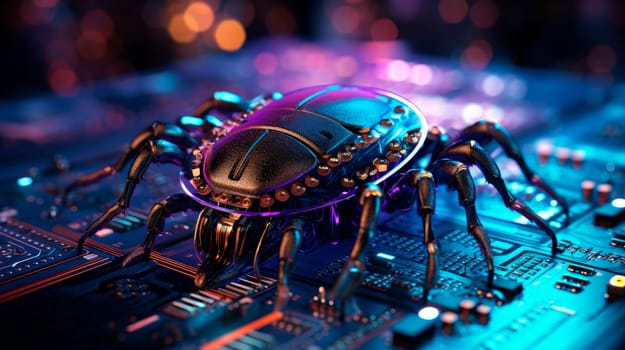 Bug on a computer chip, software security concept. Errors in the program. Bugs in the program. AI generated