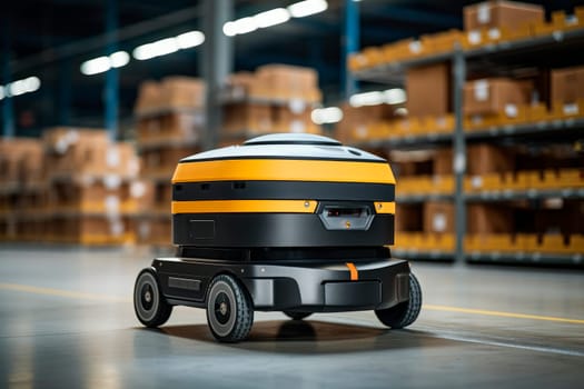 Mobile robot with four wheels in industrial warehouse. Smart robot on wheels for logistics management. AI generated