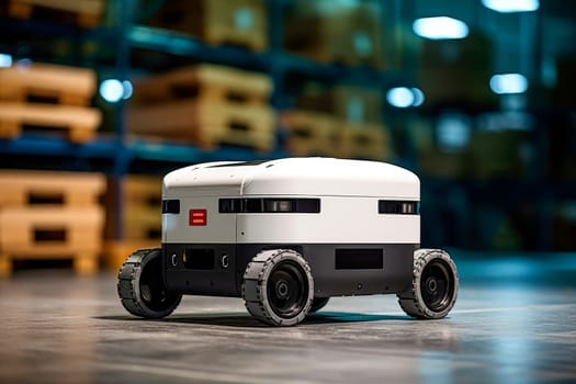 Mobile robot with four wheels in industrial warehouse. White smart drone robot on wheels for logistics management. AI generated