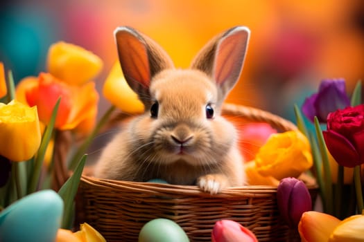A cute Easter Bunny sitting in a basket with colored tulips. Easter card. AI generated