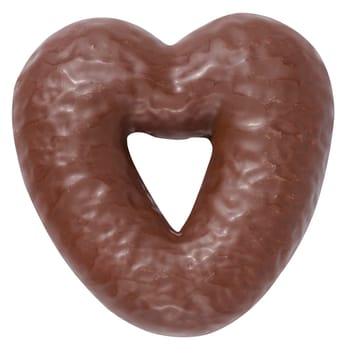 Chocolate gingerbread cookies in heart shape on white isolated background, top view