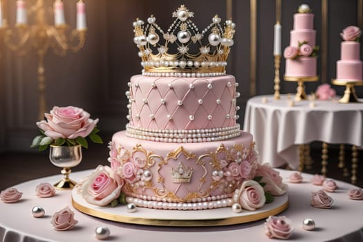 Wedding cake decorated with pink roses and gold crown on the table. ai generative