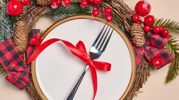 Empty round white plate with fork and wrapped gifts with Christmas decor on a beige background, top view. Festive background