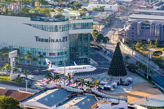 Chonburi, Thailand - 26 Oct. 2023 Morning aerial photography of the front yard of Terminal 21 Pattaya Department Store, a large shopping center located in the heart of Pattaya. No traffic congestion.