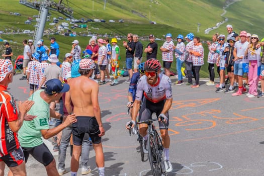 Col du Tourmalet, France - July 06 2023: Simon Geschke climbig the road to Col du Tourmalet in Pyerenees mountains during the stage 6 of Le Tour de France 2023.