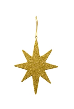 Golden christmas star with glitter hanging on gold string isolated on white background