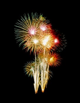 Beautiful fireworks display isolated on black background for celebration and anniversary