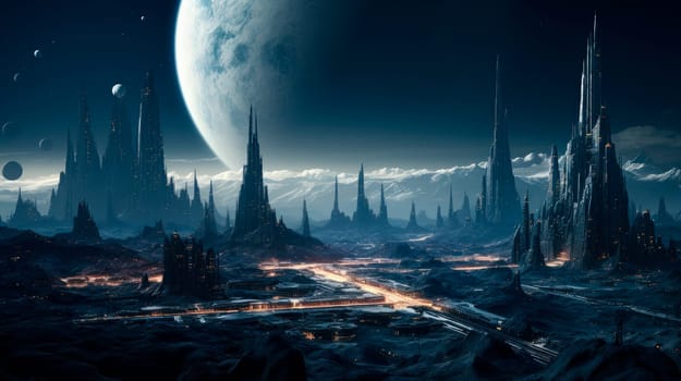 Futuristic alien planet city scene with a full moon. Futuristic space city with technological urban set-up. AI generated