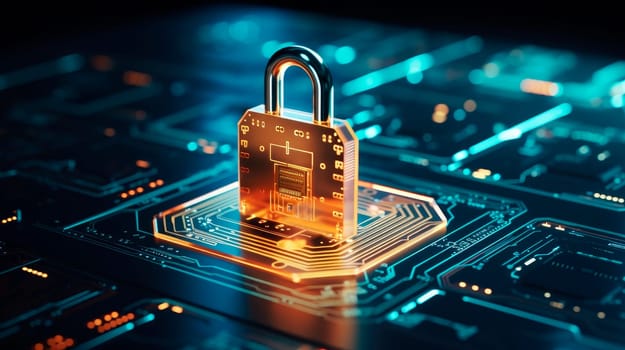 Cyber security concept. Padlock on digital technology background. Cyber data security or information privacy idea in mother server is processing the data. AI generated