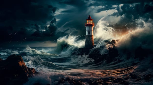 Lighthouse in a storm with thunder, lightning and big waves. Waves crashing around lighthouse. AI generated
