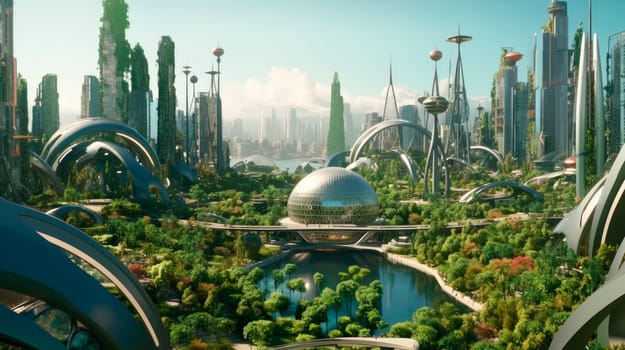 Futuristic alien planet with green city of the future, harmony of city and nature. Futuristic space city with architecture of the future. AI generated