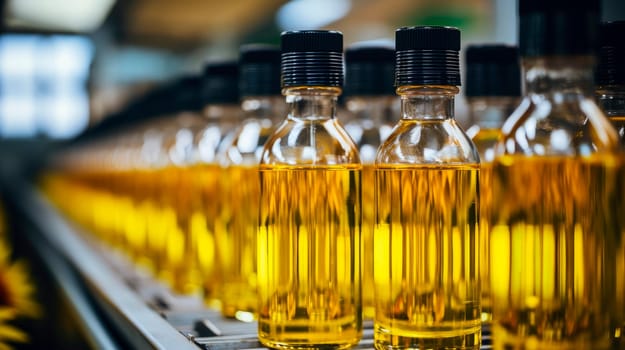 Sunflower oil in the bottles, line for the production and bottling of refined oil from sunflower seeds. Oil bottles on modern conveyor of food industry. AI generated