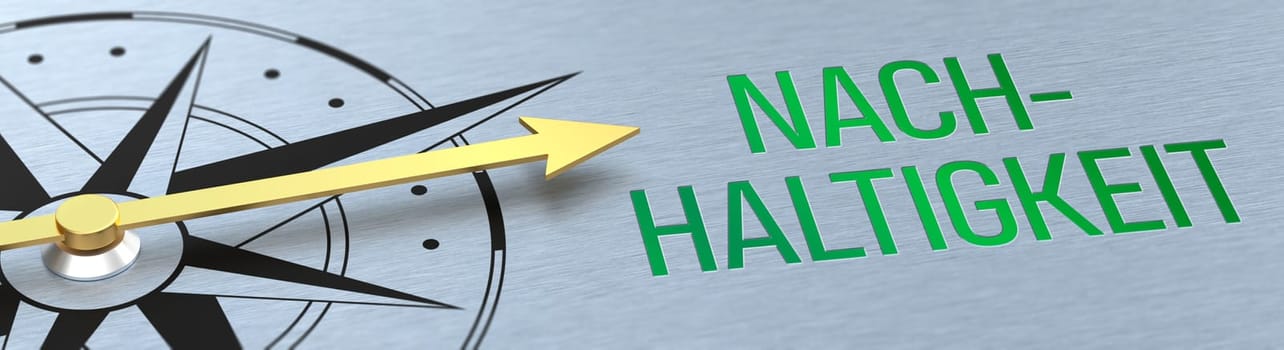 Compass needle pointing to the words Sustainability in german - Nachhaltigkeit - 3d rendering