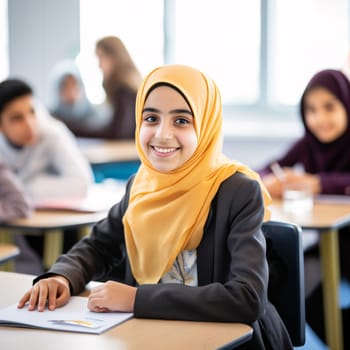 Smiling Arabic girl at school desk in modern classroom on International Day of Education. Happy Arabic student studying in a modern classroom. Elementary school girl in the classroom. Generative AI.