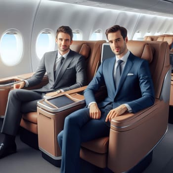 Two young successful businessmen sitting in first class seats on an airplane