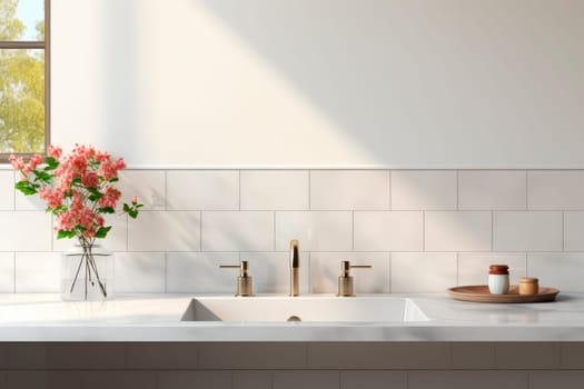 Modern sink in a white tiled bathroom interior. White sink  and vase with flowers in a beauty salon. AI generated