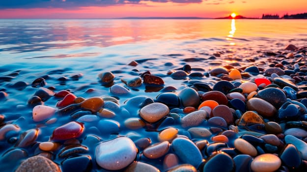 Multi-colored wet pebbles on the seashore against beautiful sunset. Empty pebble beach by the sea, sunset on the horizon. AI generated