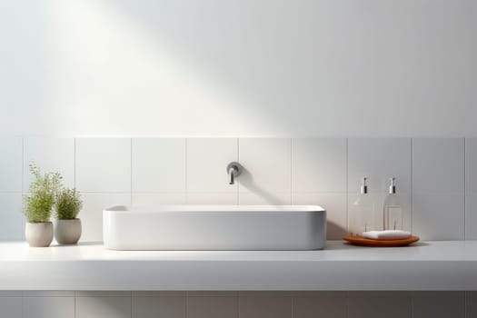 Modern sink in a white tiled bathroom interior. White sink and dispensers in a beauty salon. AI generated