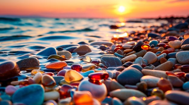 Multi-colored wet pebbles on the seashore against beautiful sunset. Empty pebble beach by the sea, sunset on the horizon. AI generated