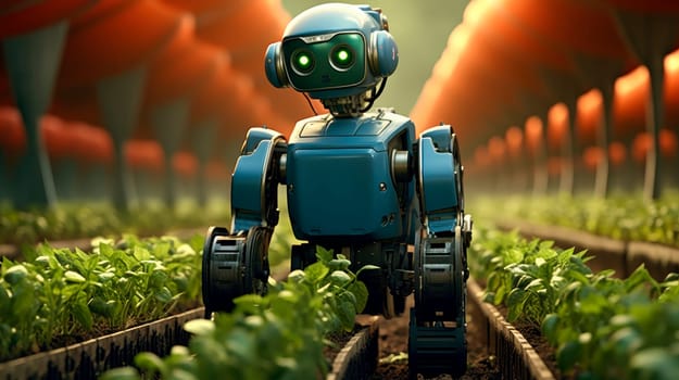Farm robot between rows of green salad at modern greenhouse. Cyborg controlling technology of cultivation agricultural plants. AI generated