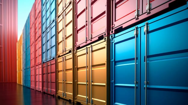 Color shipping containers lined up at a shipping port. Numerous shipping containers in port ready for transport. AI generated