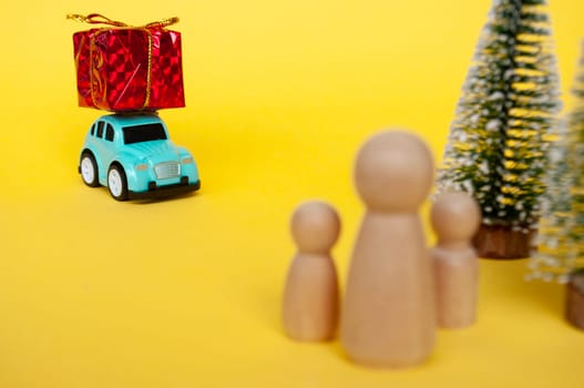 Mother, daughter, and son eagerly await their father return for Christmas with present.