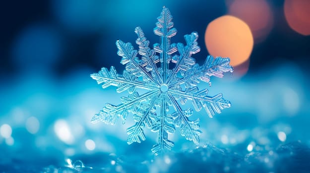 Snowflake on a blue background. Snowflake close-up.The concept of winter, cold, beauty of nature. AI generated