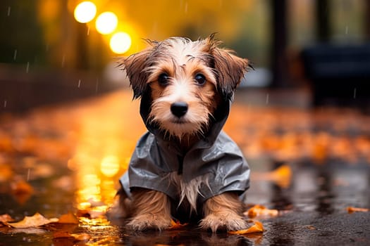 Sad puppy in a grey raincoat on the rainy day on the street. Fall season concept. AI generated