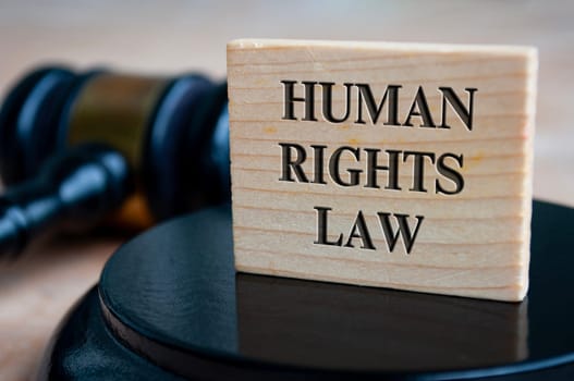 Human Rights Law text engraved on wooden block with gavel background. Legal concept.