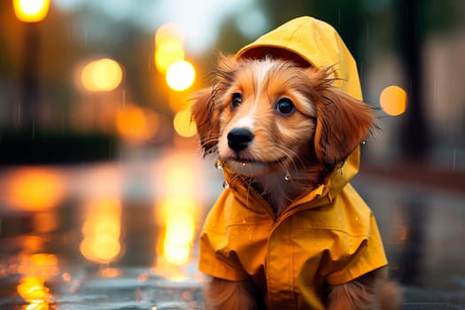 Sad puppy in a raincoat on the rainy day on the autumn street. Fall season concept. AI generated