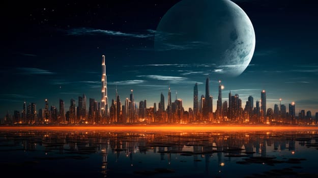 A deserted fields at night with a modern city skyline visible at the horizon, night time with a full moon. AI generated