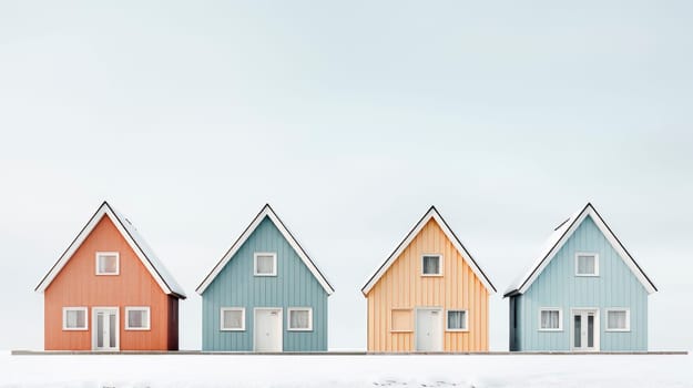 Four simple houses next to each other. Street view of multiple colorful small wooden buildings on a winter landscape. AI generated