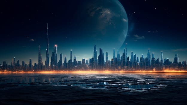 A deserted fields at night with a modern city skyline visible at the horizon, night time with a full moon. AI generated