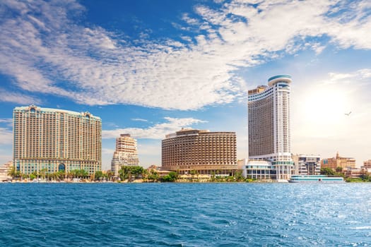 Colorful view of luxury center of Cairo with Skyscrapers on the Nile, Egypt.