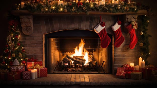 holiday fireplace with christmas tree xmas presents gift, ai