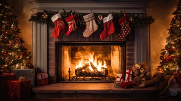 holiday fireplace with christmas tree xmas presents gift, ai