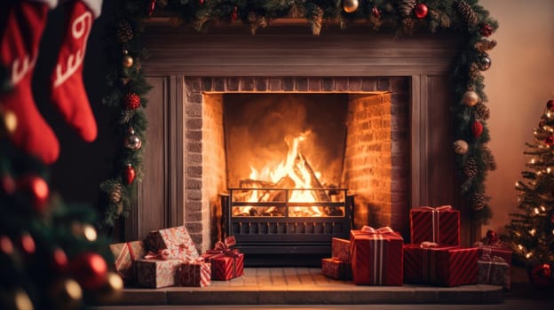 holiday fireplace with christmas tree xmas presents gift, ai
