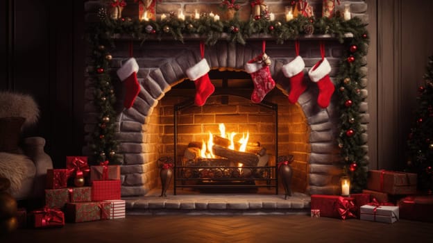 holiday fireplace with christmas tree xmas presents gift, ai